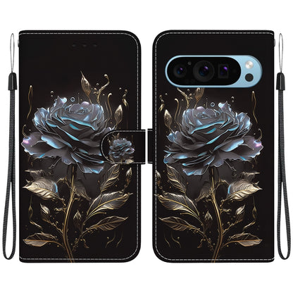 For Google Pixel 9 Pro Crystal Texture Colored Drawing Leather Phone Case(Black Rose) - Google Cases by buy2fix | Online Shopping UK | buy2fix