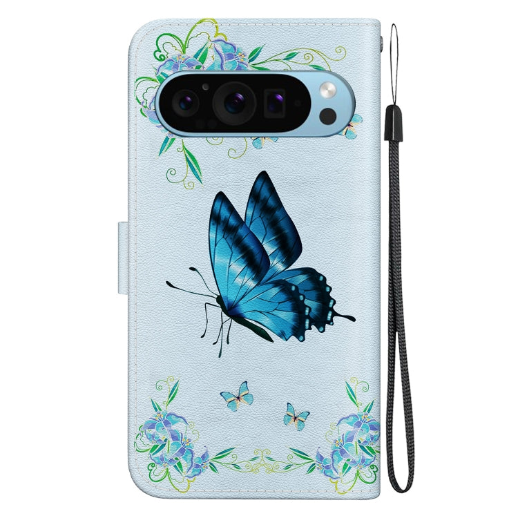 For Google Pixel 9 Crystal Texture Colored Drawing Leather Phone Case(Blue Pansies) - Google Cases by buy2fix | Online Shopping UK | buy2fix