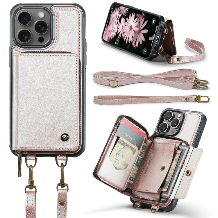 For iPhone 16 Pro JEEHOOD C22 Series Zipper Wallet Leather Phone Case with Dual Lanyard(Rose Gold) - iPhone 16 Pro Cases by JEEHOOD | Online Shopping UK | buy2fix