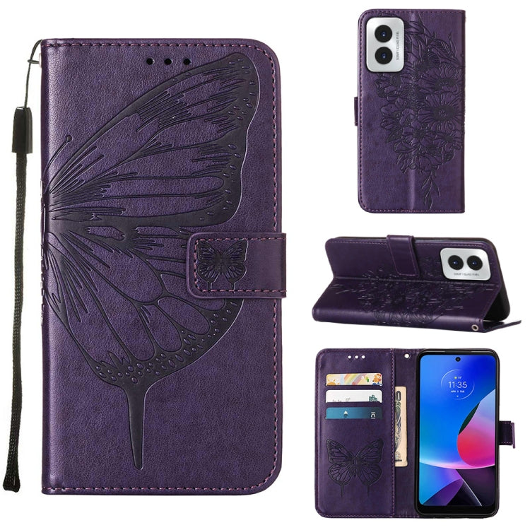 For Motorola Moto G Play 4G 2024 Embossed Butterfly Leather Phone Case(Dark Purple) - Motorola Cases by buy2fix | Online Shopping UK | buy2fix