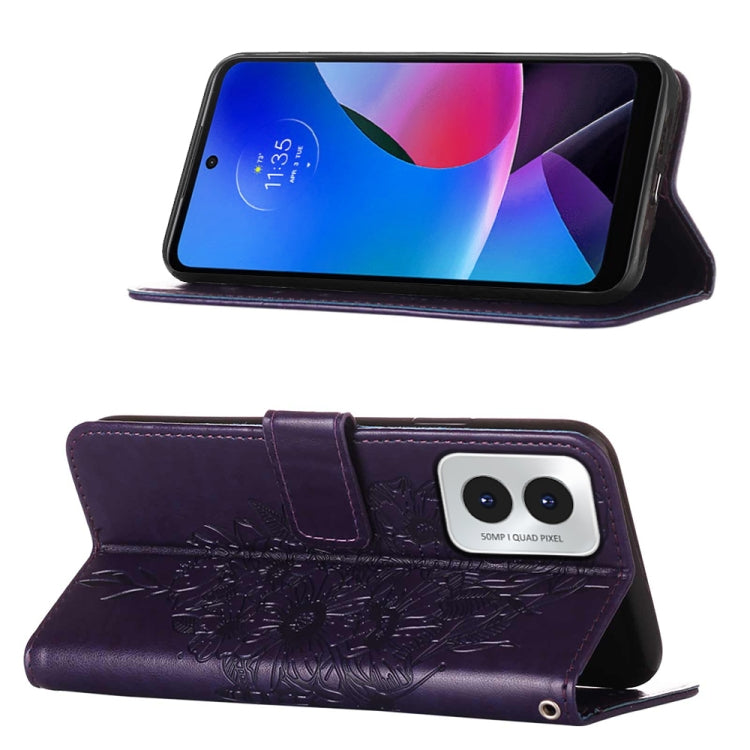 For Motorola Moto G Play 4G 2024 Embossed Butterfly Leather Phone Case(Dark Purple) - Motorola Cases by buy2fix | Online Shopping UK | buy2fix