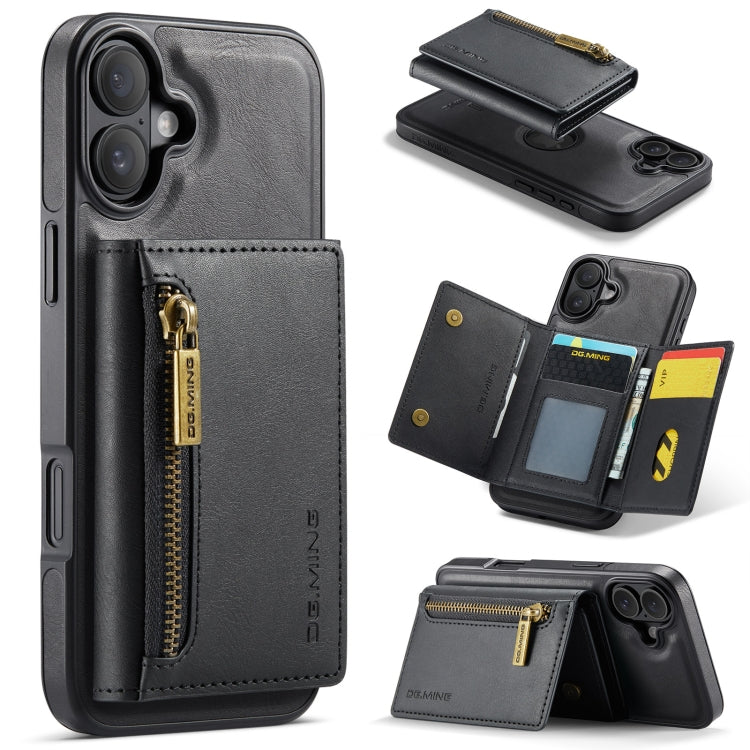 For iPhone 16 DG.MING M5 Series Zip RFID Multi Card Detachable Leather Phone Case(Black) - iPhone 16 Cases by DG.MING | Online Shopping UK | buy2fix