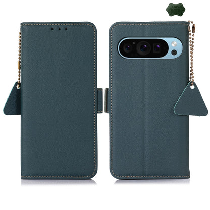 For Google Pixel 9 Side-Magnetic TJ Genuine Leather RFID Phone Case(Green) - Google Cases by buy2fix | Online Shopping UK | buy2fix