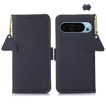 For Google Pixel 9 Side-Magnetic TJ Genuine Leather RFID Phone Case(Blue) - Google Cases by buy2fix | Online Shopping UK | buy2fix