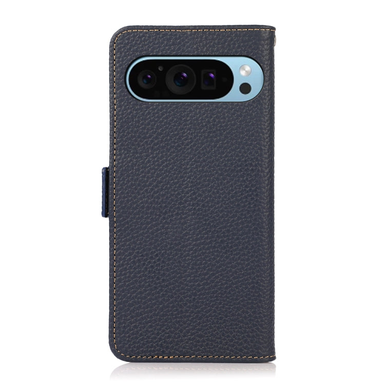 For Google Pixel 9 KHAZNEH Side-Magnetic Litchi Genuine Leather RFID Phone Case(Blue) - Google Cases by buy2fix | Online Shopping UK | buy2fix