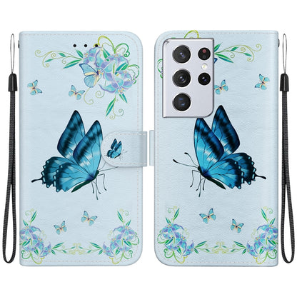 For Samsung Galaxy S21 Ultra 5G Crystal Texture Colored Drawing Leather Phone Case(Blue Pansies) - Galaxy S21 Ultra 5G Cases by buy2fix | Online Shopping UK | buy2fix