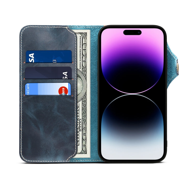 For iPhone 15 Pro Max Denior Oil Wax Cowhide Magnetic Button Genuine Leather Case(Dark Blue) - iPhone 15 Pro Max Cases by Denior | Online Shopping UK | buy2fix