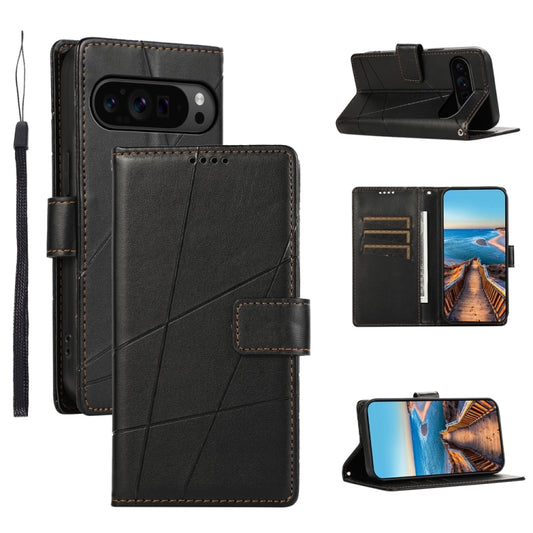 For Google Pixel 9 Pro PU Genuine Leather Texture Embossed Line Phone Case(Black) - Google Cases by buy2fix | Online Shopping UK | buy2fix