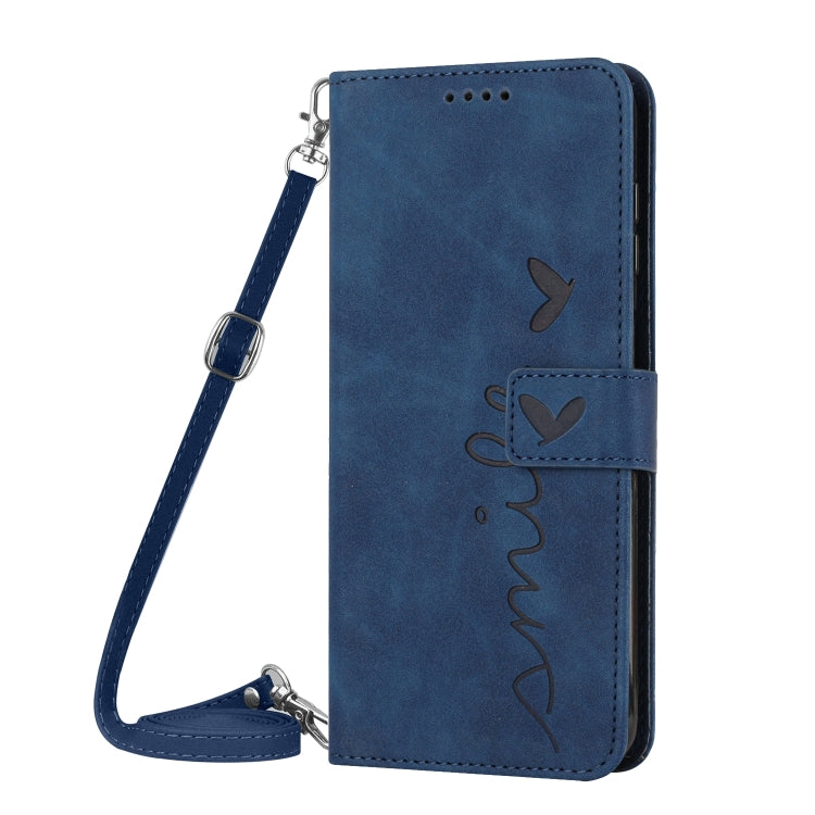 For Motorola Edge 5G 2024 Skin Feel Heart Embossed Leather Phone Case with Long Lanyard(Blue) - Motorola Cases by buy2fix | Online Shopping UK | buy2fix