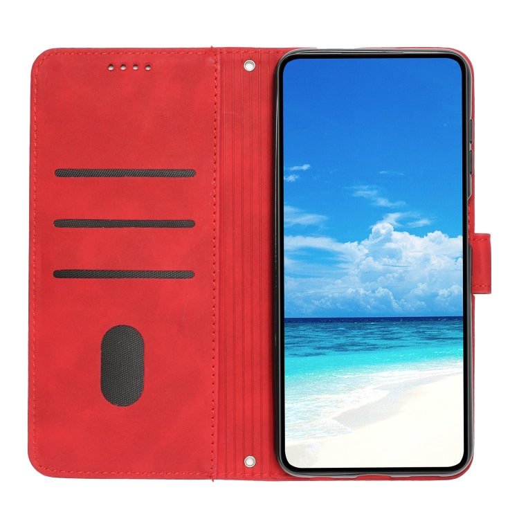 For Xiaomi Redmi Note 13 4G Global Skin Feel Heart Embossed Leather Phone Case with Long Lanyard(Red) - Note 13 Cases by buy2fix | Online Shopping UK | buy2fix
