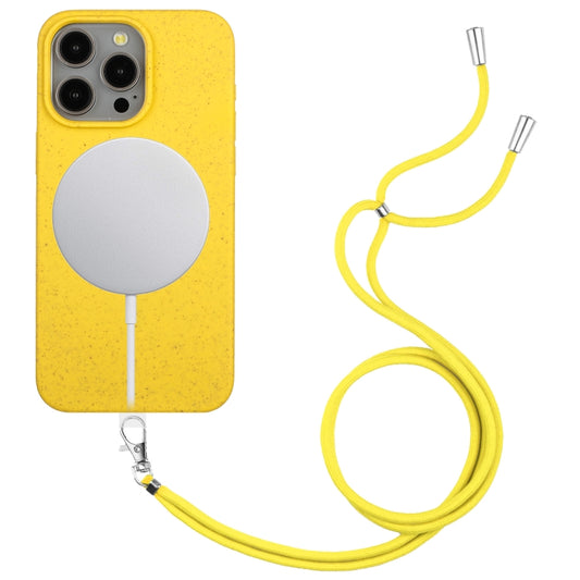 For iPhone 15 Pro Wheat MagSafe Magnetic Straw Material + TPU Phone Case with Lanyard(Yellow) - iPhone 15 Pro Cases by buy2fix | Online Shopping UK | buy2fix