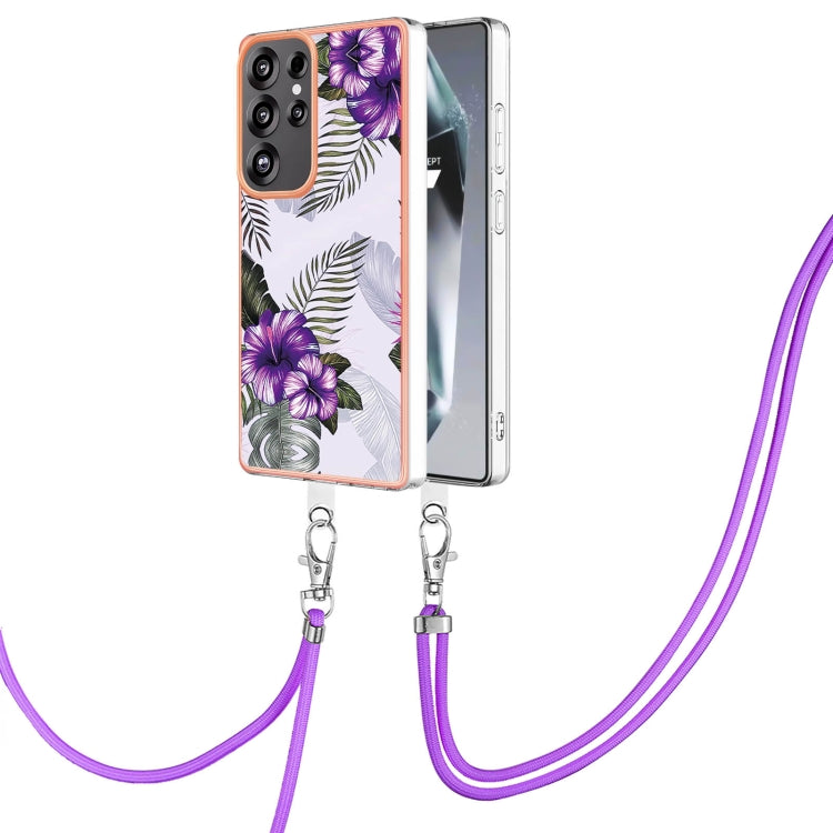 For Samsung Galaxy S25 Ultra 5G Electroplating Pattern IMD TPU Shockproof Case with Neck Lanyard(Purple Flower) - Galaxy S25 Ultra 5G Cases by buy2fix | Online Shopping UK | buy2fix