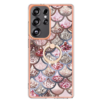 For Samsung Galaxy S25 Ultra 5G Electroplating Pattern IMD TPU Shockproof Case with Rhinestone Ring Holder(Pink Scales) - Galaxy S25 Ultra 5G Cases by buy2fix | Online Shopping UK | buy2fix