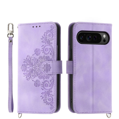 For Google Pixel 9 Pro Skin-feel Flowers Embossed Wallet Leather Phone Case(Purple) - Google Cases by buy2fix | Online Shopping UK | buy2fix