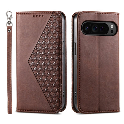 For Google Pixel 9 Pro Cubic Grid Calf Texture Magnetic Leather Phone Case(Brown) - Google Cases by buy2fix | Online Shopping UK | buy2fix