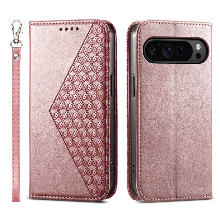 For Google Pixel 9 Pro Cubic Grid Calf Texture Magnetic Leather Phone Case(Rose Gold) - Google Cases by buy2fix | Online Shopping UK | buy2fix