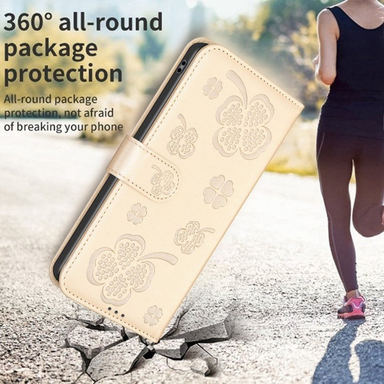 For iPhone 16 Pro Max Four-leaf Embossed Leather Phone Case(Gold) - iPhone 16 Pro Max Cases by buy2fix | Online Shopping UK | buy2fix