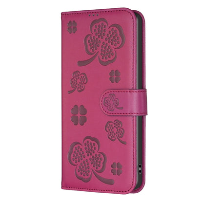 For iPhone 16 Pro Four-leaf Embossed Leather Phone Case(Rose Red) - iPhone 16 Pro Cases by buy2fix | Online Shopping UK | buy2fix