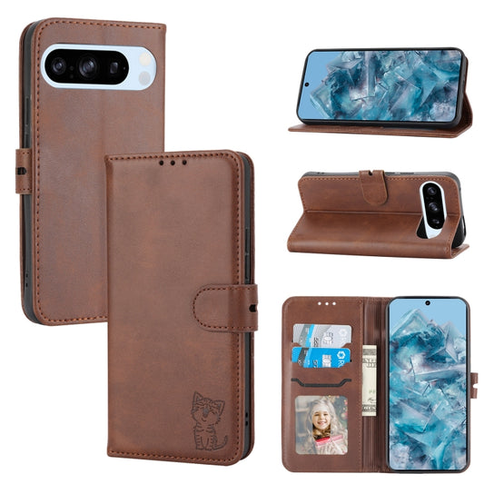 For Google Pixel 9 Embossed Happy Cat Pattern Flip Leather Phone Case(Brown) - Google Cases by buy2fix | Online Shopping UK | buy2fix