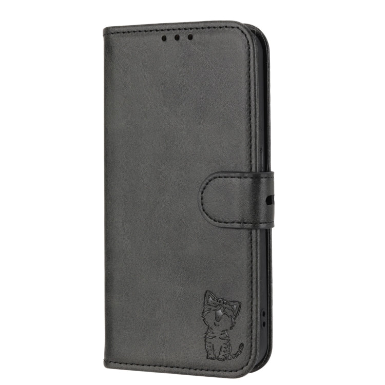 For Google Pixel 9 Embossed Happy Cat Pattern Flip Leather Phone Case(Black) - Google Cases by buy2fix | Online Shopping UK | buy2fix