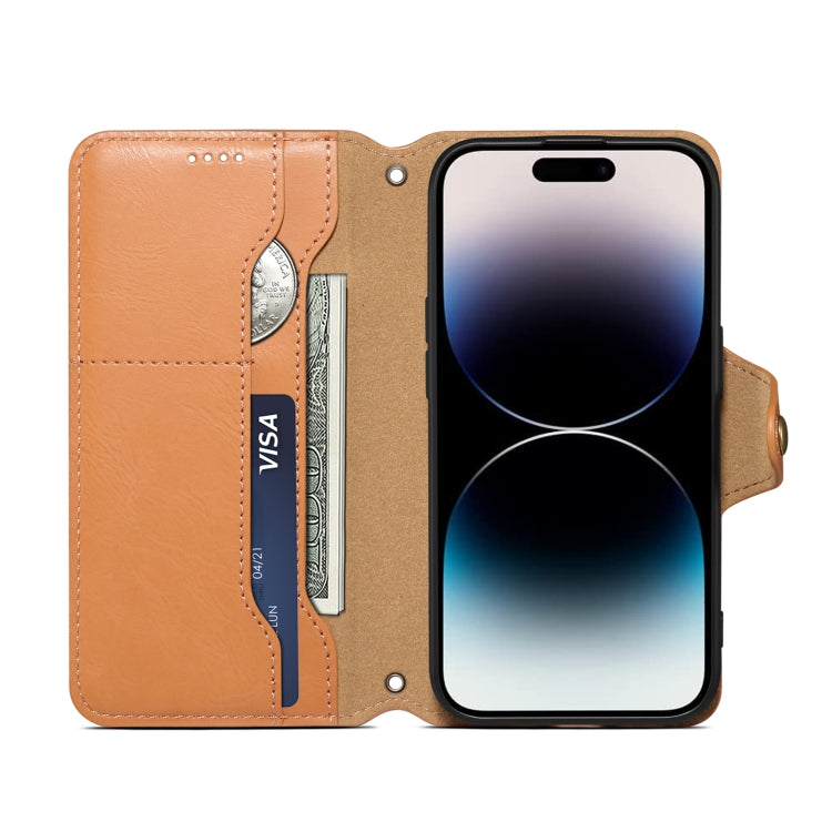 For iPhone 16 Denior Cowhide Texture Wallet Style Leather Phone Case(Khaki) - iPhone 16 Cases by Denior | Online Shopping UK | buy2fix