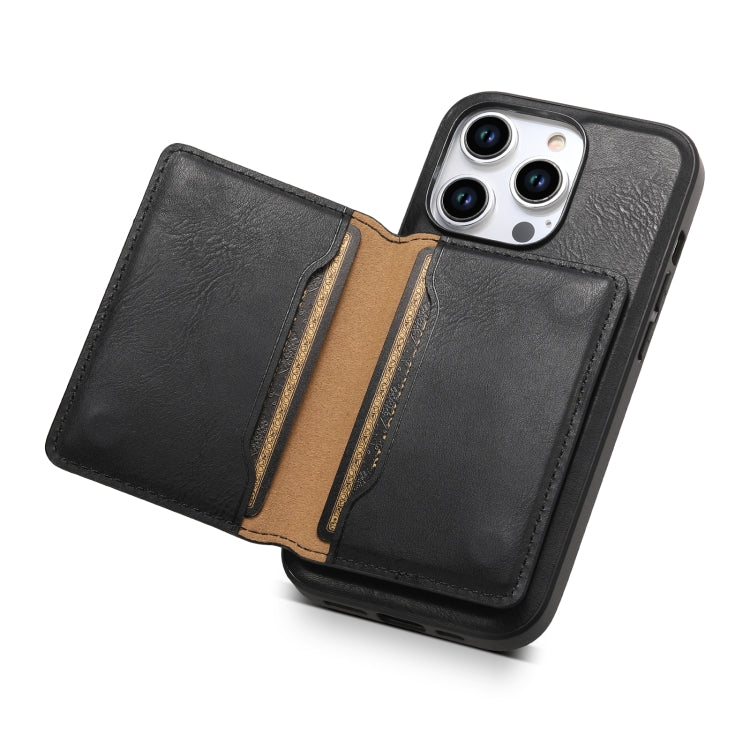 For iPhone 15 Pro Denior Cowhide Texture Leather MagSafe Detachable Wallet Phone Case(Black) - iPhone 15 Pro Cases by Denior | Online Shopping UK | buy2fix