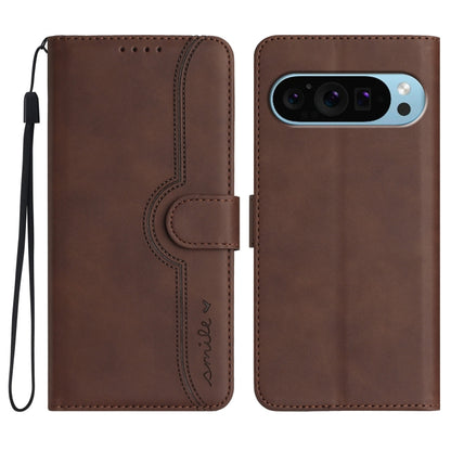 For Google Pixel 9 Pro Heart Pattern Skin Feel Leather Phone Case(Brown) - Google Cases by buy2fix | Online Shopping UK | buy2fix