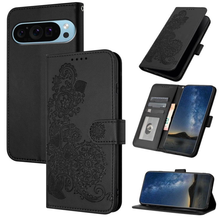 For Google Pixel 9 Pro Datura Flower Embossed Flip Leather Phone Case(Black) - Google Cases by buy2fix | Online Shopping UK | buy2fix