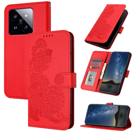 For Xiaomi 14 Pro Datura Flower Embossed Flip Leather Phone Case(Red) - 14 Pro Cases by buy2fix | Online Shopping UK | buy2fix