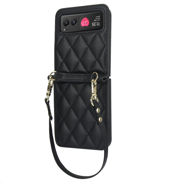 For Motorola Razr 40 Rhombic Texture Phone Case with Long & Short Lanyard(Black) - Motorola Cases by buy2fix | Online Shopping UK | buy2fix