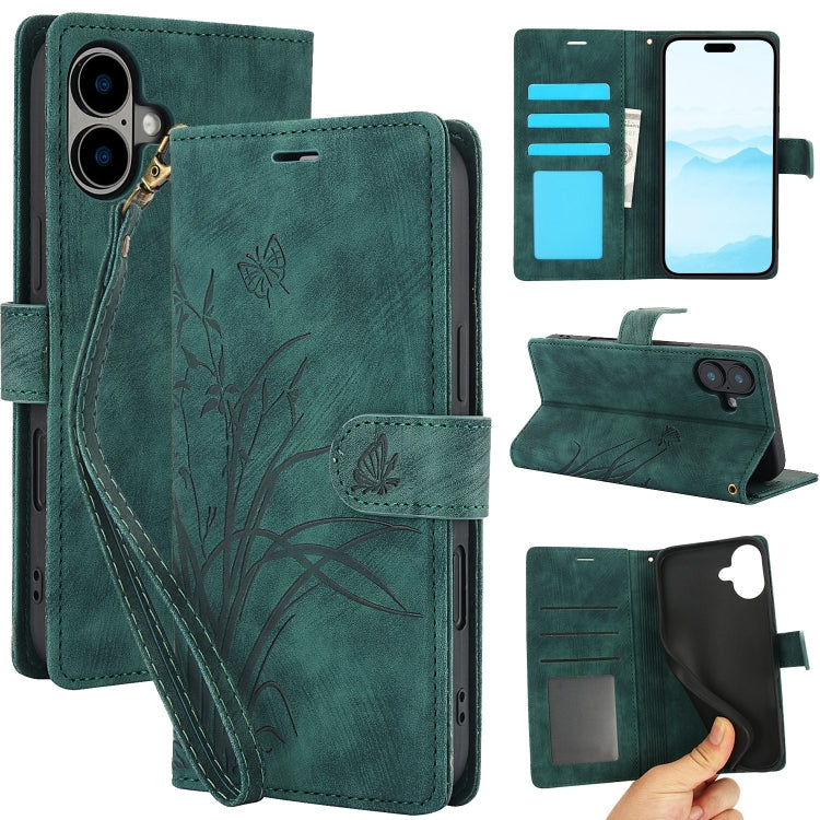 For iPhone 16 Orchid Butterfly Embossed Leather Phone Case(Green) - iPhone 16 Cases by buy2fix | Online Shopping UK | buy2fix