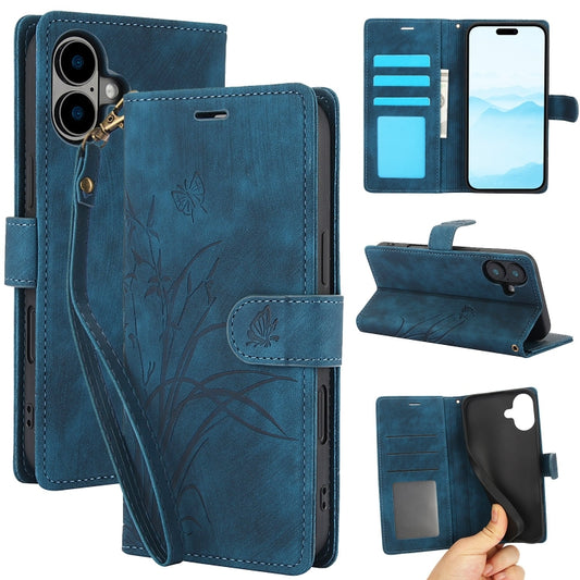 For iPhone 16 Orchid Butterfly Embossed Leather Phone Case(Blue) - iPhone 16 Cases by buy2fix | Online Shopping UK | buy2fix