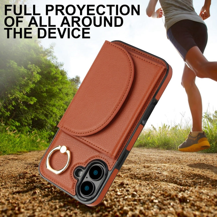 For iPhone 16 YM007 Ring Holder Card Bag Skin Feel Phone Case(Brown) - iPhone 16 Cases by buy2fix | Online Shopping UK | buy2fix