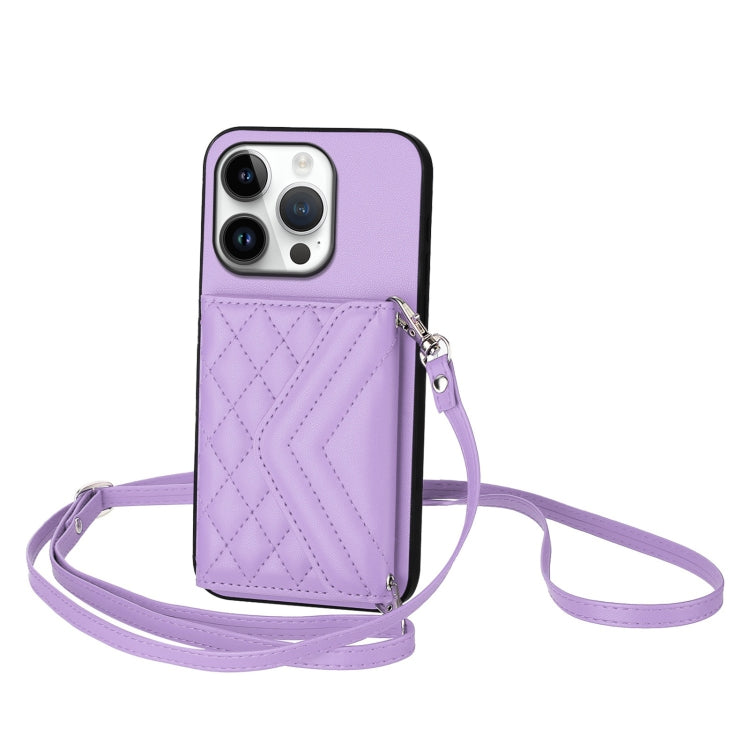 For iPhone 16 Pro Rhombic Texture Card Bag RFID Phone Case with Long Lanyard(Light Purple) - iPhone 16 Pro Cases by buy2fix | Online Shopping UK | buy2fix