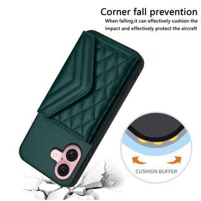 For iPhone 16 Rhombic Texture Card Bag RFID Phone Case with Long Lanyard(Green) - iPhone 16 Cases by buy2fix | Online Shopping UK | buy2fix