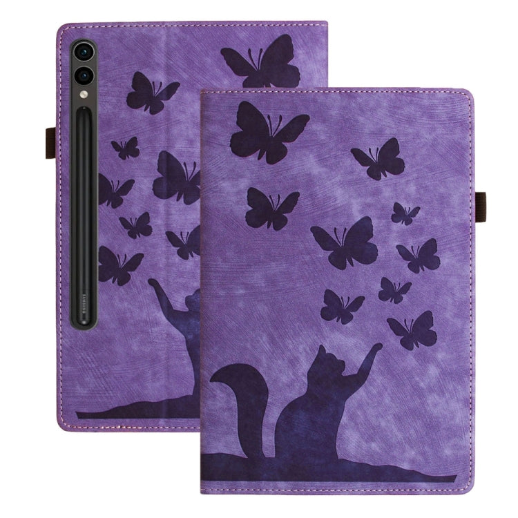 For Samsung Galaxy Tab S9 Ultra / S8 Ultra Butterfly Cat Embossing Leather Tablet Case(Purple) - Galaxy Tab S9 Ultra Cases by buy2fix | Online Shopping UK | buy2fix