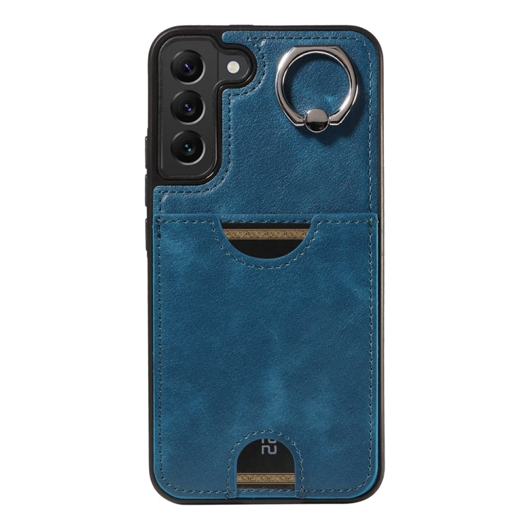 For Samsung Galaxy S22+ 5G Calf Texture Card Slot Ring Holder Phone Case(Blue) - Galaxy S22+ 5G Cases by buy2fix | Online Shopping UK | buy2fix