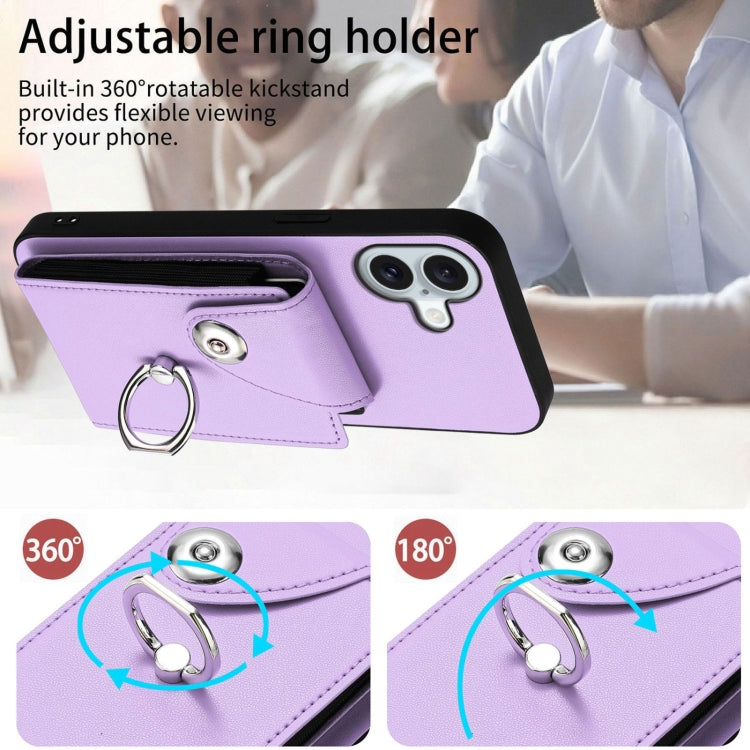 For iPhone 16 Plus Organ Card Bag Ring Holder Phone Case with Long Lanyard(Purple) - iPhone 16 Plus Cases by buy2fix | Online Shopping UK | buy2fix