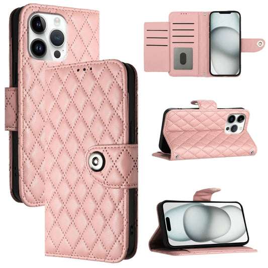 For iPhone 16 Pro Max Rhombic Texture Flip Leather Phone Case with Lanyard(Coral Pink) - iPhone 16 Pro Max Cases by buy2fix | Online Shopping UK | buy2fix