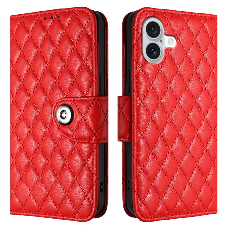 For iPhone 16 Plus Rhombic Texture Flip Leather Phone Case with Lanyard(Red) - iPhone 16 Plus Cases by buy2fix | Online Shopping UK | buy2fix