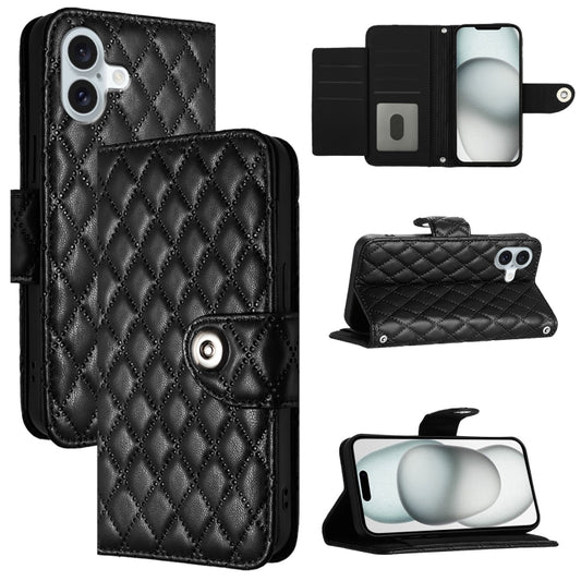 For iPhone 16 Plus Rhombic Texture Flip Leather Phone Case with Lanyard(Black) - iPhone 16 Plus Cases by buy2fix | Online Shopping UK | buy2fix