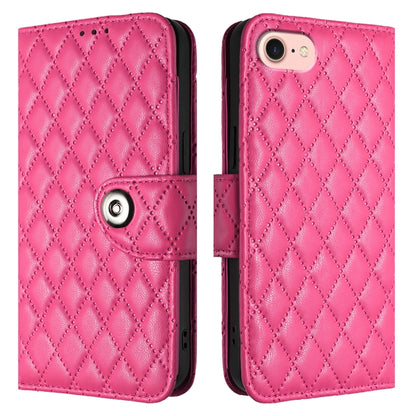 For iPhone SE 2024 Rhombic Texture Flip Leather Phone Case with Lanyard(Rose Red) - More iPhone Cases by buy2fix | Online Shopping UK | buy2fix