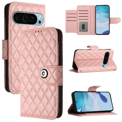 For Google Pixel 9 Pro XL Rhombic Texture Flip Leather Phone Case with Lanyard(Coral Pink) - Google Cases by buy2fix | Online Shopping UK | buy2fix