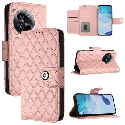 For OnePlus 12 5G Global Rhombic Texture Flip Leather Phone Case with Lanyard(Coral Pink) - OnePlus Cases by buy2fix | Online Shopping UK | buy2fix