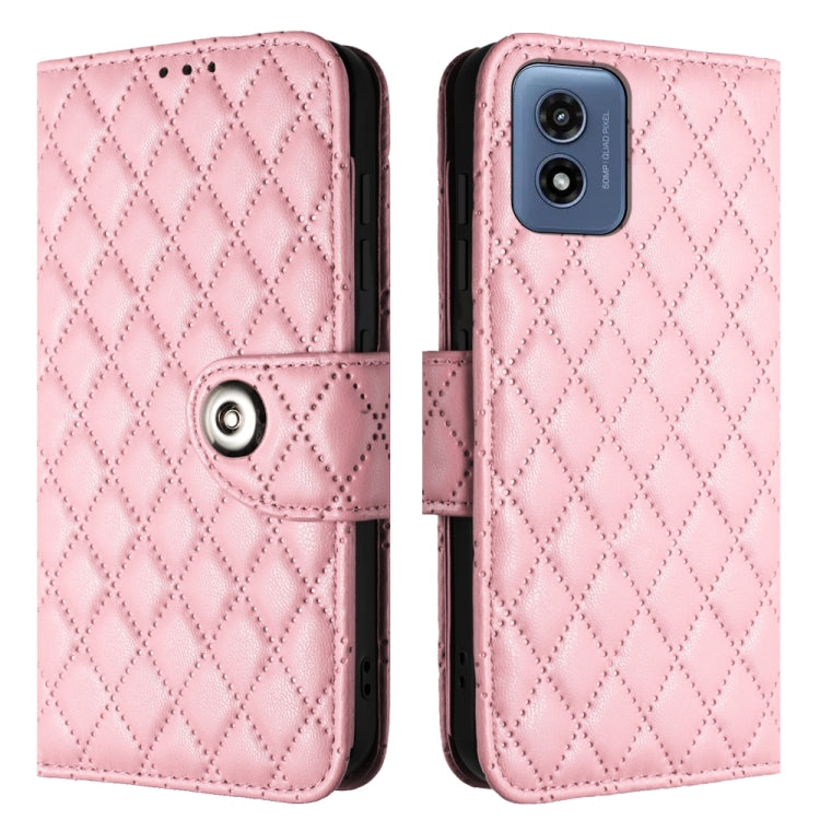 For Motorola Moto G Play 4G 2024 Rhombic Texture Flip Leather Phone Case with Lanyard(Pink) - Motorola Cases by buy2fix | Online Shopping UK | buy2fix