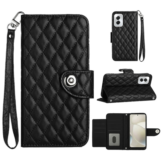 For Motorola Moto G Power 5G 2024 Rhombic Texture Flip Leather Phone Case with Lanyard(Black) - Motorola Cases by buy2fix | Online Shopping UK | buy2fix