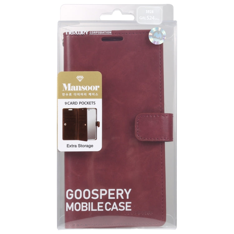 For Samsung Galaxy S24 Ultra 5G GOOSPERY MANSOOR DIARY 9 Card Slots Leather Phone Case(Wine Red) - Galaxy S24 Ultra 5G Cases by GOOSPERY | Online Shopping UK | buy2fix