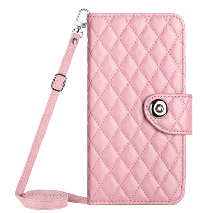 For Motorola Moto G Play 4G 2024 Rhombic Texture Flip Leather Phone Case with Long Lanyard(Pink) - Motorola Cases by buy2fix | Online Shopping UK | buy2fix