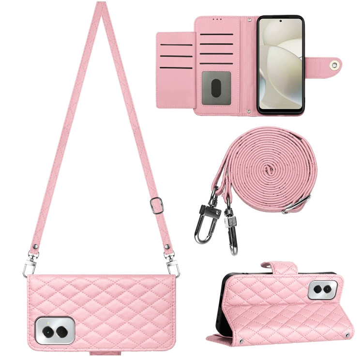 For Motorola Moto G Power 5G 2024 Rhombic Texture Flip Leather Phone Case with Long Lanyard(Pink) - Motorola Cases by buy2fix | Online Shopping UK | buy2fix