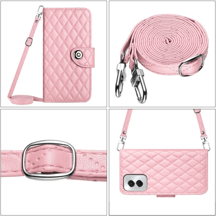 For Motorola Moto G Power 5G 2024 Rhombic Texture Flip Leather Phone Case with Long Lanyard(Pink) - Motorola Cases by buy2fix | Online Shopping UK | buy2fix